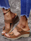 2022 summer ladies casual shoes retro flower fish mouth sandals ladies rhinestone mid-heel wedge sandals open toe large