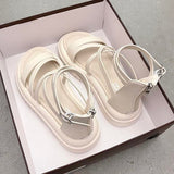 Sandals Woman Leather Low-heeled PU Rome Slides Fabric Hoof Heels Rubber Low Sandals Woman Leather Low-heeled Slides