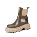 Genuine Leather Ankle Shoes Women Think Heel Short Boots Round Toe High Heel Ladies Boots 2021 Autumn Winter Khaki