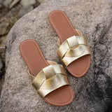 Breakj Summer New Wearing Cold Slippers Women's Fashion Leather One-Word Drag Summer Flat Beach Comfortable