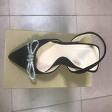 Women Slingback Sandals Crystal Bowknot Thin High Heel Pumps Shoes Ladies Elegant Shallow Pointed Toe Mules Slip on Party