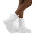 2020 Autumn Winter Bootie Pocket Buckle Strap Pink Chunky Boots Leather Patchwork Arrival Platform Boots Mid-calf