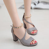 New Buckle Roman Coarse Sandals Female Korean Version Of Casual High Heels Beaded Fish Mouth Women