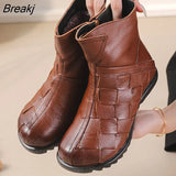 Women Genuine Leather Ankle Boots Flats Ladies Zip Plush Warm Winter Shoes Female Fashion Soft Sewing Retro Short