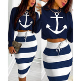 Commute Women Casual Printed Long Sleeves T-shirt Skirt Two Piece Set Autumn Elegant High Waist Office Lady Vestidos