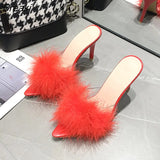 sexy feather woman slippers transparent perspex high heels fur stiletto peep toe mules lady slides shoes rose plus