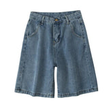 New Summer Women High Waist Blue Wide Leg Denim Shorts Casual Female Solid Color Streetwear Stright Jeans