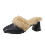 / Winter 2023 Korean Version Of Thick-Heeled Baotou Slippers, Feminine, High-Heeled, Square-Headed Rabbit Hair, Semi-Draped Leather, Fashionable Muller