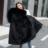 Large Fur Collar Hooded Jacket Winter Coat Women Thickness Cotton Padded Overcoat -30 Degree Snow Outwear Fur Lining