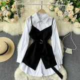 Summer New Arrival Office Ladies Long Sleeve White Shirt Retro Shirt Dress Sling Outside with Belt Slim Two-piece