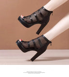 2022 Peep Toe Sandal Boots Mesh Summer Heels Women's High Heeled Platform Shoes Hollow Out Square Heel Back Zip