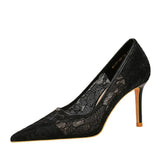 Breakj Banquet Women's Shoes Show Thin High Heels, Thin Pointed High Heel Mesh Hollow Lace Single