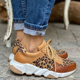 Women Autumn Leopard Thick-Soled Sneakers Stitching Lace-Up Sport Shoes Casual Ladies Vulcanized Wedges Tennis