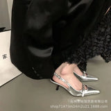 / Summer 2023 New Belt Buckle Tip Fine Heel Middle Heel Empty Head Sandal Temperament Rivet Low Heel Single Shoe