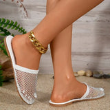 Breakj Slipper Female 2024 New Breathable Rhinestone Sexy Fishing Net Flat Beach Roman Shoes