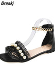 Women Sandals Summer Fashion Plus Size Mesh Pearl Decorative Shoes Rear Zipper Sandals Bohemia Casual Comfortable Beach