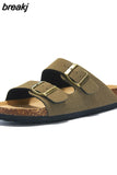 New Summer Beach Holiday Women Cork Slipper Casual Buckle Non-slip Outside Nubuck Leather Slides