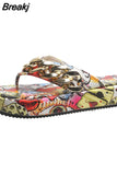 Sumer Women Colorful Graffiti Printed Platform Flip Flops Golden Chain Casual Sandals Ladies Beach Shoes Outdoor