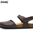 New Summer Women Gladiator Cork Sandals Fashion Casual Buckle Strap Closed Toe PU Leather Sandal Shoe Flat