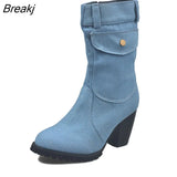 Women High Heel Cowboy Boots Blue Jeans Boots Mid-rise Rome Solid Chunky Med Heels Boots Wild Vintage Large Size Ladies