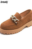 Size 34-42 Women Casual Loafers Real Leather Flats Fashion Platform Shoes Chain Chunky Heel Shoes Ladies Retro