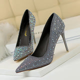 Breakj Korean Version Of Fashion Banquet Women's Shoes Thin Heel Shallow Mouth Pointed Head Sexy Show Thin Water Diamond Color Diamond High Heel Single