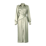 White Elegant Shirt Dress For Women Lapel Long Sleeve High Waist Lace Up Slim Midi Dresses Female 2021 Fashion
