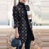 Winter New Fashion Women Stand Collar Print Jackets Casual Long Sleeves Elegant Office Lady Cardigan Slim Buttons Jackets 1020