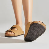 New Summer Beach Holiday Women Cork Slipper Casual Buckle Non-slip Outside Nubuck Leather Slides