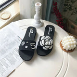 camellia decoration slippers women flat heel beach sandals pearl number slides summer shoes woman flower rivet flip