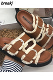 Summer Fringe Women Thick Heel Platform Slipper Casual Double Buckle Non-slip Outside Slip on Slides