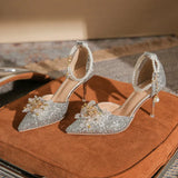 Sequin Crystal Wedding Shoes 2023 New Hollow Single Shoe Shallow Mouth Female Pointed Head Sexy Fashion