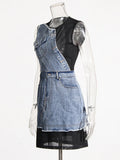 Trend-Collyed Denim Dress 2025 Summer New Mesh Spliced Sleeveless Round Collar Short Fashion Dress