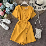 V-neck Beach Playsuits Women Vintage With Belt High Waist Wide-legged Shorts Pants Slim Holiday