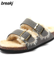 2023 New Fur Inside Cork Slipper Autumn Winter Women Casual Nubuck Leather Outside Men Buckle Soft Plush Slides