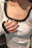 Slim Crop Tops Woman Casual Korean Style Pullover Pure Color 2023 Autumn Long Sleeve Knitted Short T-shirt Female