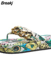 Sumer Women Colorful Graffiti Printed Platform Flip Flops Golden Chain Casual Sandals Ladies Beach Shoes Outdoor