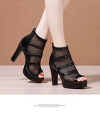 2022 Peep Toe Sandal Boots Mesh Summer Heels Women's High Heeled Platform Shoes Hollow Out Square Heel Back Zip