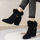 Women Fur Winter Warm Pointed Ankle Boots 2024 New Luxury Rhinestone Decoration Zipper Women Boots Comfortable Female