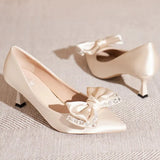 Rhinestone Bowknot Black Pumps for Women Pointed Toe Silk Stiletto Pumps Shoes Woman Satin Wedding Bride Shoes