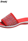 Size Outdoor Slippers Women's 2023 New Summer Rhinestone Mesh Flat Sandals Slippers Soft Bottom Closed Toe Casual