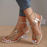 Women Sandals 2023 Summer Crystal Flower Decoration Chunky Heel Peep Toe Back Strap Elastic Band Elegant Fashion Women's