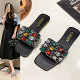 Breakj New Color Water Diamond Flat Bottom Slippers Female Korean Version Of A Word Cool Drag Female Women Slippers