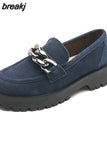 Size 34-42 Women Casual Loafers Real Leather Flats Fashion Platform Shoes Chain Chunky Heel Shoes Ladies Retro