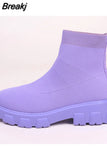 Spring Autumn Shoes Platform Round Toe Pink Purple Ladies Boots Zapatos Mujer Size 43 Women Boots Stretch Fabrics
