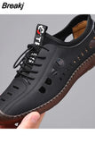 Men's Leather Casual Shoes Soft Bottom Men's Handmade Stitching Hollow Sandals Breathable Outdoor Work Shoes for