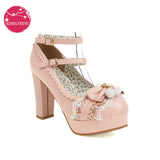 Japanese Style Sweet Bow Women Vintage Shoes Rockabilly Retro Spike Heels Mary Janes Lolita Buckle Strap Thick Platform