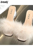 5CM Summer Fluffy Peep Toe Sexy High Heels Women Shoes Fur Feather Lady Fashion Wedding Slip-On Square Toe Women