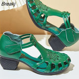 2023 Ethnic Style Comfortable High Heels Platform Genuine Leather Lady Shoes Hollow Women Beach Summer Sandals