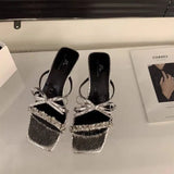 Breakj Summer New Fashion Rhinestone Bow One Word High Heel Cool Drag Slippers Women's